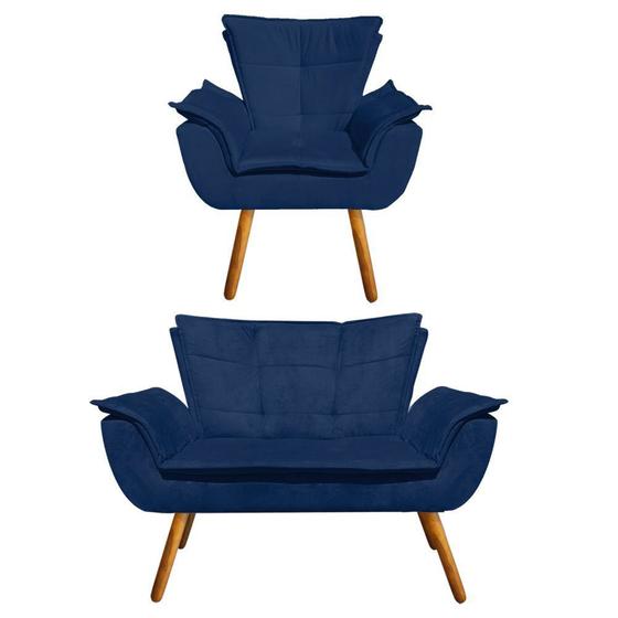 Kit Sofá Retrô Namoradeira e 01 Poltrona Opala Suede Azul Marinho - D'Rossi Menor preço em Kit Sofá Retrô Namoradeira e 01 Poltrona Opala Suede Azul Marinho - D'Rossi