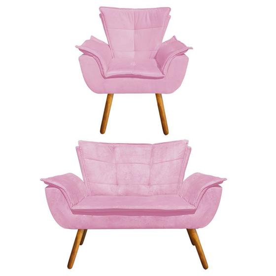 Kit Sofá Retrô Namoradeira e 01 Poltrona Opala Suede Rosa Bebê - D'Rossi Menor preço em Kit Sofá Retrô Namoradeira e 01 Poltrona Opala Suede Rosa Bebê - D'Rossi