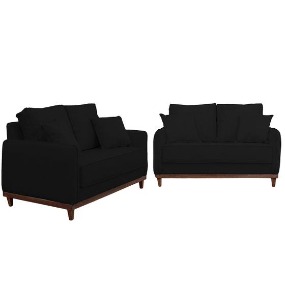 Imagem de Kit Sofa Sena 2 e 3 Lugares Base de Madeira para Sala Hotel Linho Preto