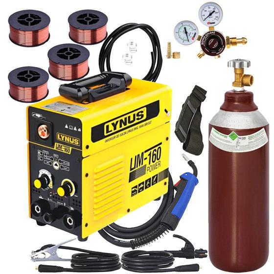 Imagem de Kit Soldador Maquina De Solda Inversora Multiprocesso Mig 160 Power Tig Eletrodo Completa Cilindro 7 Litros Arames 1kg Lynus