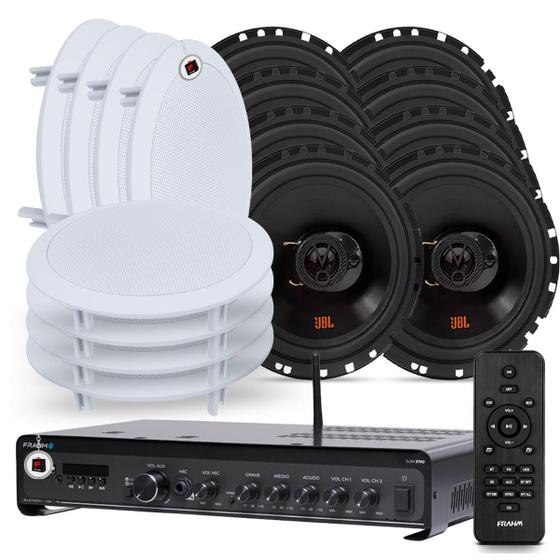 Imagem de Kit Som Ambiente Academia Salão Lojas Bluetooth Conexão Tv Usb Sd Slim 2700 Optical + Arandelas Jbl Embutir Teto