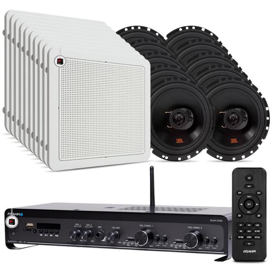 Imagem de Kit Som Ambiente Academia Salão Lojas Bluetooth Conexão Tv Usb Sd Slim 2700 Optical + Arandelas Jbl Embutir Teto