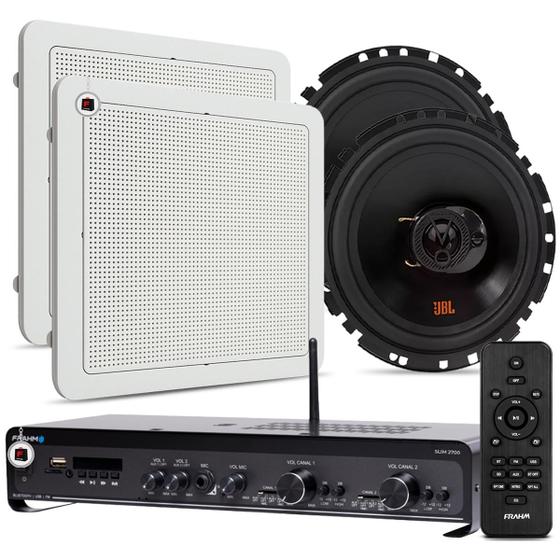 Imagem de Kit Som Ambiente Academia Salão Lojas Bluetooth Conexão Tv Usb Sd Slim 2700 Optical + Arandelas Jbl Embutir Teto