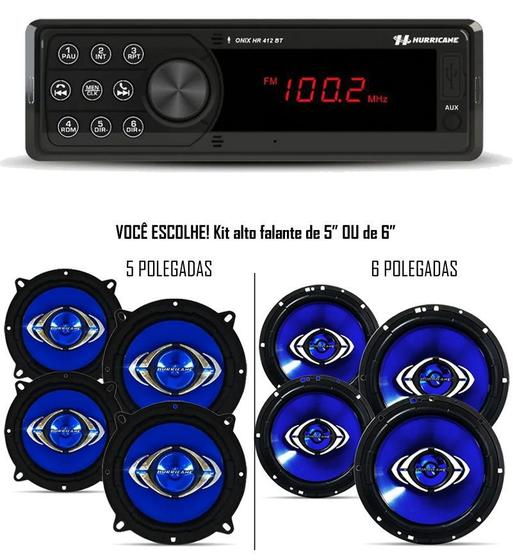 Imagem de Kit Som Automotivo Hurricane Rádio HR 412BT Bluetooth Com 2 Alto Falantes