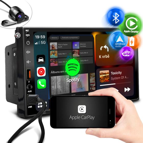 Imagem de Kit Som Pra Carro Aparelho Radio Dvd 2 Din Central Multimidia Universal Mp5 Automotivo Touch 7 Polegada Carplay Android Auto Bluetooth Usb + Câmera ré