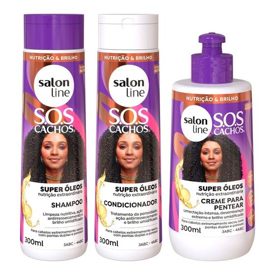 Imagem de Kit SOS Cachos Super Óleos com Shampoo + Condicionador e Creme para Pentear Salon Line