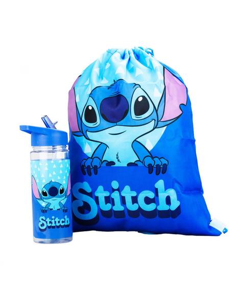 Imagem de Kit Stitch Garrafa de Plástico Azul com Canudo 450 ml e Mochila Tipo Saco 41x31 cm Estampa Stitch Aloha