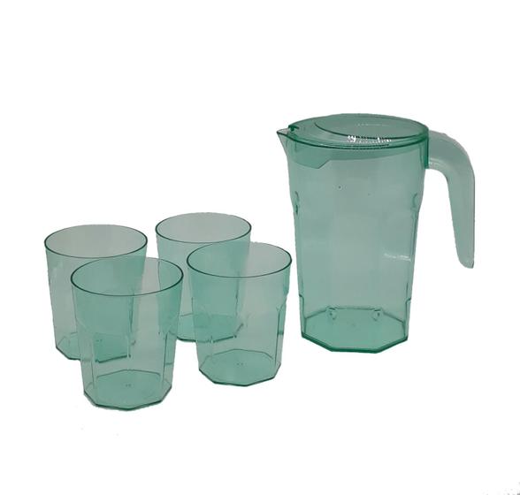Imagem de Kit Suco 1 Jarra de 1,5 litros com 4 Copos de 400 ml Cozinha Dehaus Verde Água Cristal