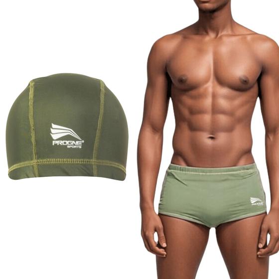 Imagem de Kit Sunga Básica Natação Lisa Praia Masculina + Touca Progne Sports Verde