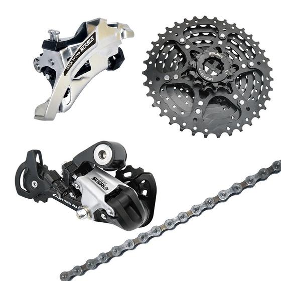 Imagem de Kit Sunrun 27v 4 Peças Cambio Dianteiro e Traseiro 3x9 + Corrente 116 Elos + Cassete 9 Velocidades K7 11-36 Ciclismo Mtb