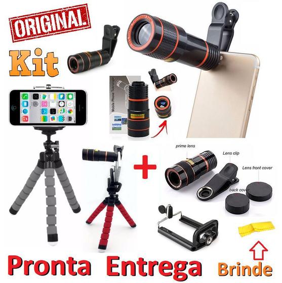 Imagem de Kit Super Luneta Lente Zoom Hd Profissional Telescópio Celular Universal + Mini Tripé Flexível Youtuber + Flanela