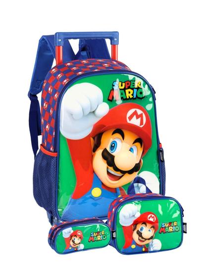 Imagem de Kit Super Mario Mochila De Rodinhas Lancheira Estojo Verde