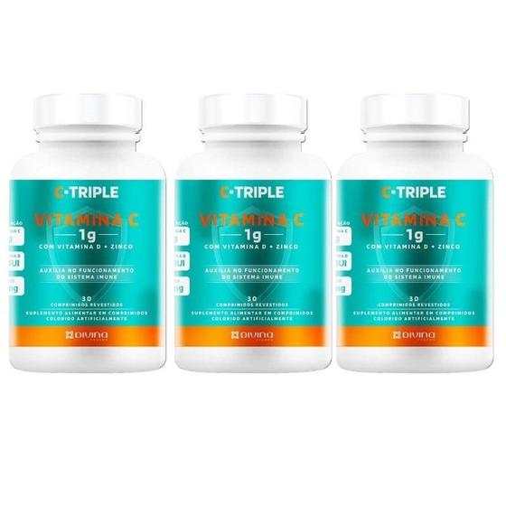 Imagem de Kit Suplemento Alimentar C-Triple Vitamina C Com 3 Potes De 30 Comprimidos Cada