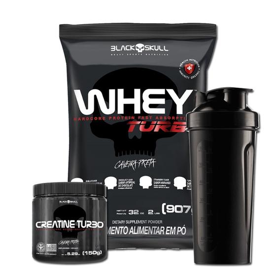 Imagem de Kit Suplemento Combo Whey Turbo 907g Morango + Creatina 150g + Coqueteleira - Black Skull