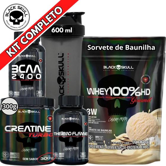 Imagem de Kit Suplemento Whey 100% HD REFIL Gourmet 900g + Creatina Turbo 300g + Termogênico Thermo Flame + Bcaa 2400 + Coqueteleira Shaker - Black Skull