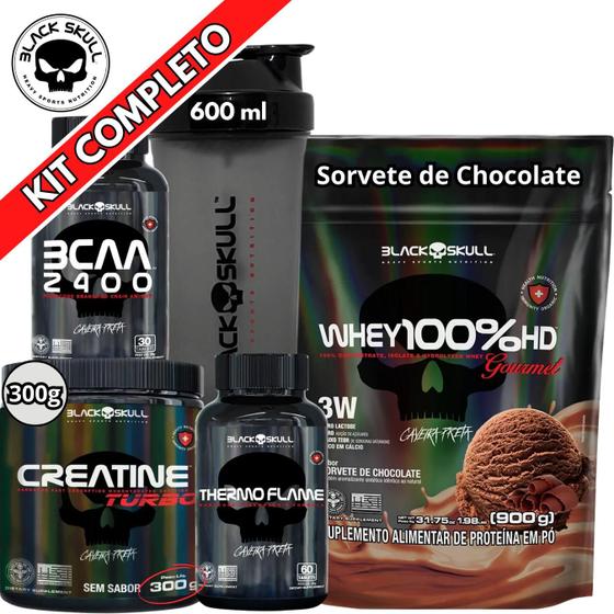 Imagem de Kit Suplemento Whey 100% HD REFIL Gourmet 900g + Creatina Turbo 300g + Termogênico Thermo Flame + Bcaa 2400 + Coqueteleira Shaker - Black Skull