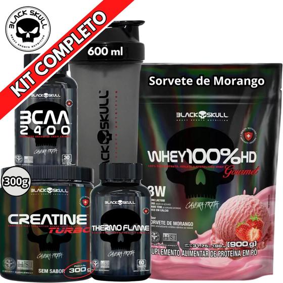 Imagem de Kit Suplemento Whey 100% HD REFIL Gourmet 900g + Creatina Turbo 300g + Termogênico Thermo Flame + Bcaa 2400 + Coqueteleira Shaker - Black Skull