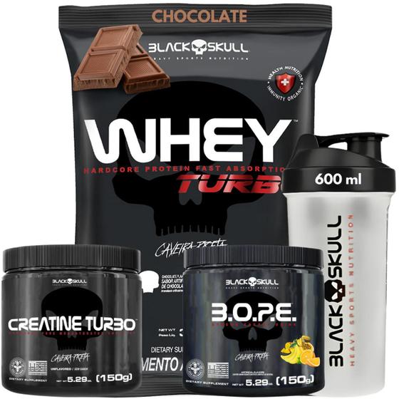 Imagem de Kit Suplementos Black Skull ( Creatina 150g + Whey turbo 907g + Pré treino 150g + Coqueteleira ) 