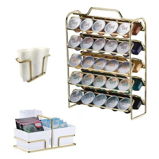 Imagem de Kit Suporte 50 Cápsulas Nespresso + Porta Guardanapos Sachês - Dourado - Future