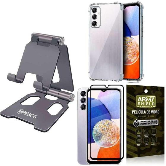 Imagem de Kit Suporte Hrebos p/ Smartphone - Capinha Antishock + Película Vidro 3D Armyshield