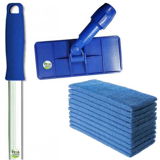 Imagem de Kit Suporte Limpa Tudo LT Com Giro Junção Articulada + Cabo 1,4 Metros + 10 Fibra Azul Para Parede Formica Inox Teflon