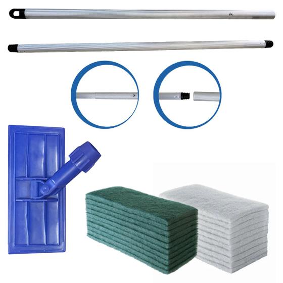 Imagem de Kit SUPORTE LT Limpa Tudo + 10 Fibras Macia BRANCA + 10 Fibras Verde + CABO DE ALUMÍNIO 1,3m Retrátil - Mop Articulado