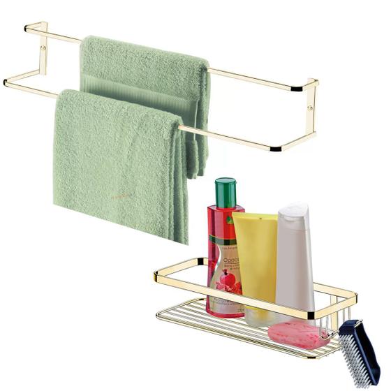 Imagem de Kit Suporte Para Shampoo Sabonete Toalheiro Porta Toalha 60cm Parede Banheiro Dourado - Future 