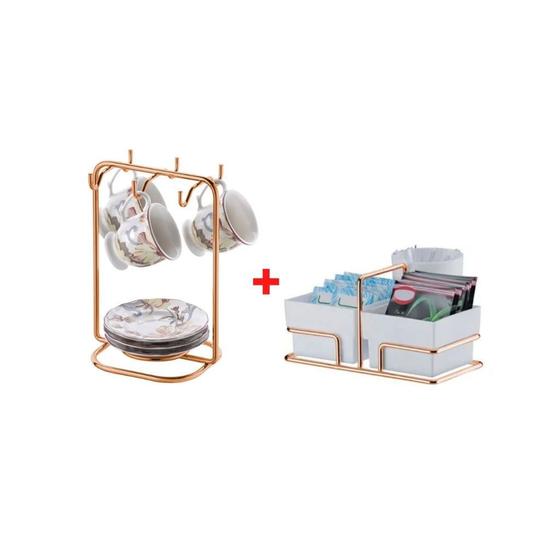 Kit suporte para xicaras rose e organizador de saches rose Menor preço em Kit suporte para xicaras rose e organizador de saches rose