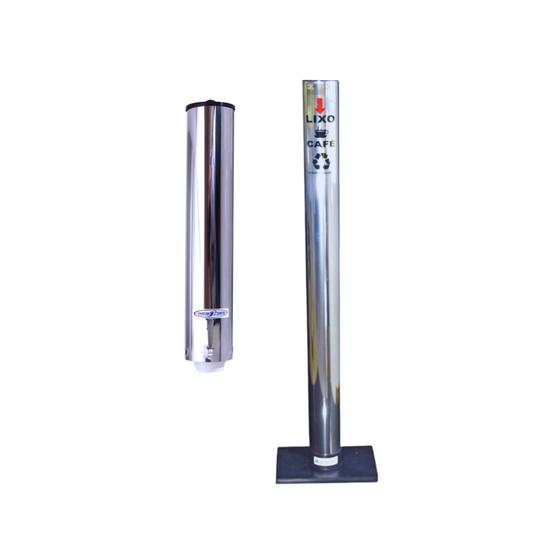 Kit Suporte Porta Copo Descartável Café 50ml + Lixeira Inox - Aldinox Imagem de Kit Suporte Porta Copo Descartável Café 50ml + Lixeira Inox