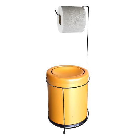 Imagem de Kit Suporte Porta Papel Higiênico Chão Com Lixeira 6,3L Basculante Banheiro Preto Dourado Fosco - CP
