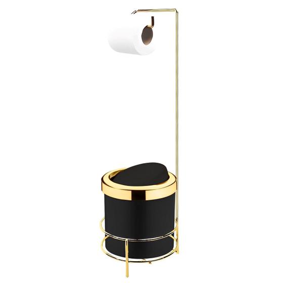 Imagem de Kit Suporte Porta Papel Higiênico Com Lixeira 5L Cesto Lixo Tampa Basculante Banheiro Dourado Preto - Future