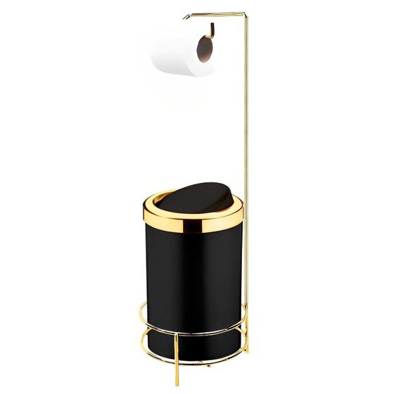 Kit Suporte Porta Papel Higiênico Com Lixeira 8L Cesto Lixo Tampa Basculante Dourado Preto Banheiro - Future