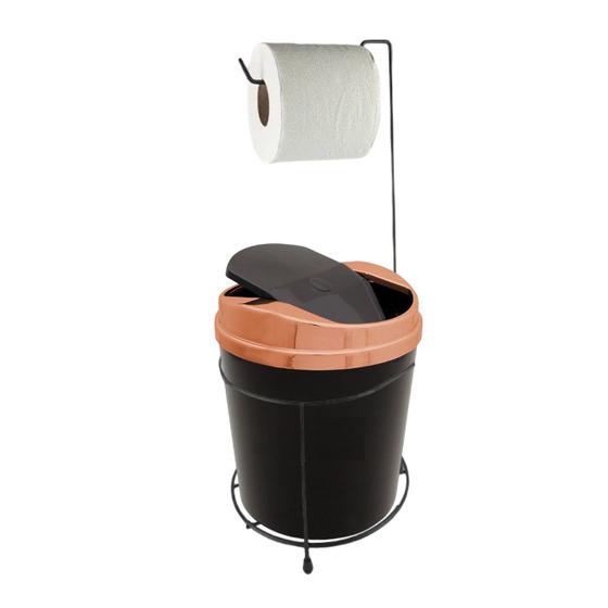 Imagem de Kit Suporte Porta Papel Higiênico Lixeira 5L Cesto Lixo Tampa Basculante Banheiro Preto Rose Gold - AMZ
