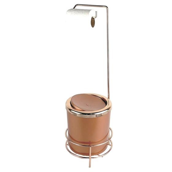 Kit Suporte Porta Papel Higiênico Lixeira 5L Cesto Lixo Tampa Basculante Banheiro Rose Gold - AMZ