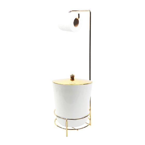Imagem de Kit Suporte Porta Papel Higiênico Lixeira 5L Tampa Pino Banheiro Branco Dourado - AMZ