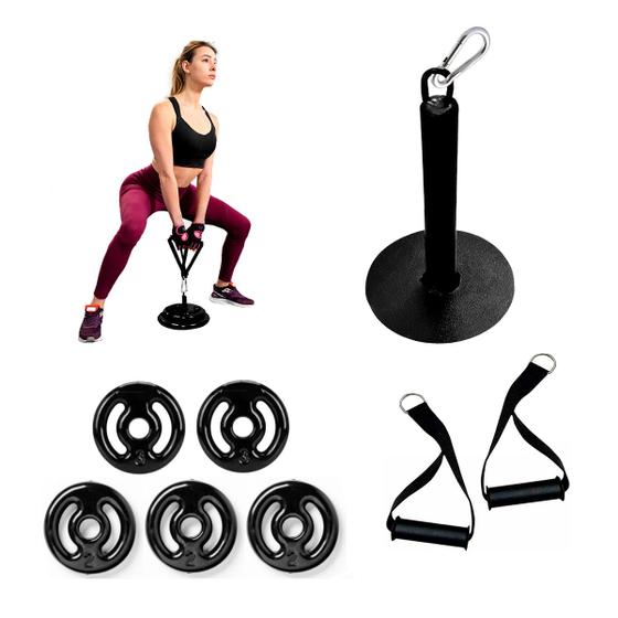 Imagem de Kit Suporte Sumo Puxador Nylon E 12kg De Anilhas Emborrachadas Profissional Para Agachamento Sumo Treino Funcional Academia Musculação Fitness