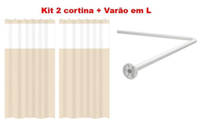 Imagem de Kit Suporte Varão Banheiro Curvo Em L + 2 Cortina Box Bege