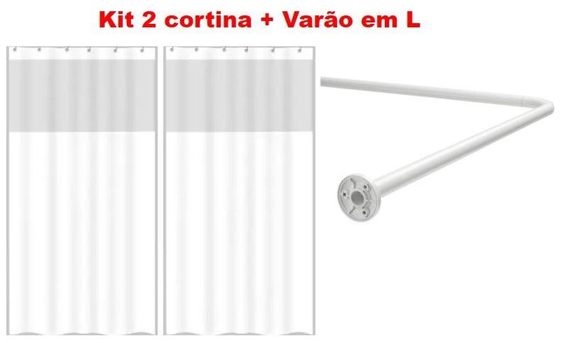 Imagem de Kit Suporte Varão Banheiro Curvo Em L + 2 Cortina Box Branca