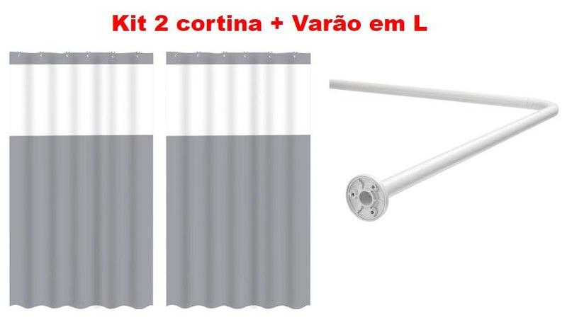 Imagem de Kit Suporte Varão Banheiro Curvo Em L c/ 2 Cortina Box Cinza