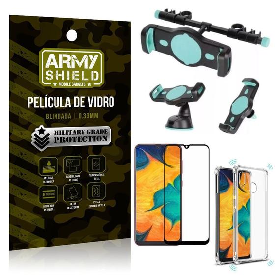 Imagem de Kit Suporte Veicular 3 em 1 Galaxy A20 + Película 3D + Capa Anti Impacto - Armyshield