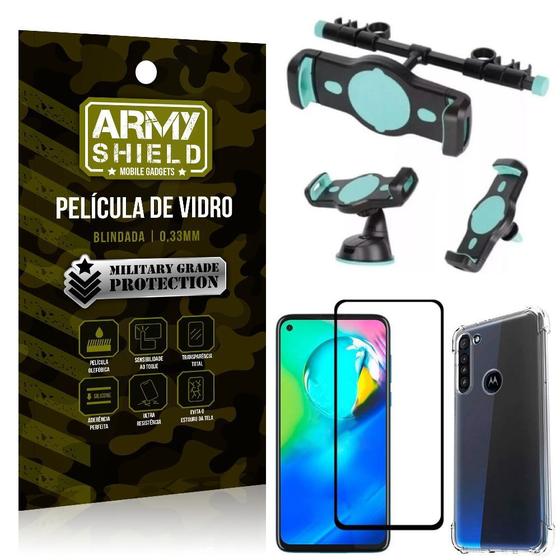 Imagem de Kit Suporte Veicular 3 em 1 Moto G8 Power + Película 3D + Capa Anti Impacto - Armyshield