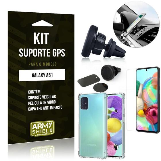 Imagem de Kit Suporte Veicular Magnético Galaxy A51 Suporte +Capinha Anti Impacto +Película Vidro - Armyshield