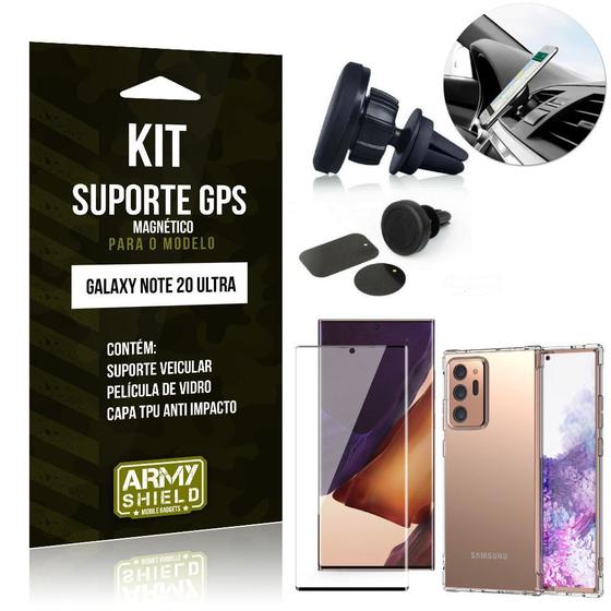 Imagem de Kit Suporte Veicular Magnético Galaxy Note 20 Ultra + Capa Anti Impacto +Película Vidro 3D - Armyshield