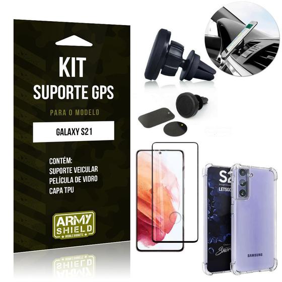 Imagem de Kit Suporte Veicular Magnético Galaxy S21 + Capa Anti Impacto +Película Vidro 3D - Armyshield