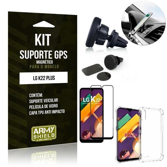 Imagem de Kit Suporte Veicular Magnético LG K22 Plus + Capinha Anti Impacto + Película Vidro 3D - Armyshield