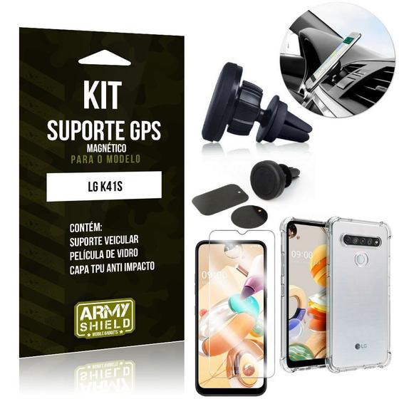 Imagem de Kit Suporte Veicular Magnético LG K41s Capinha Anti Impacto +Película Vidro - Armyshield