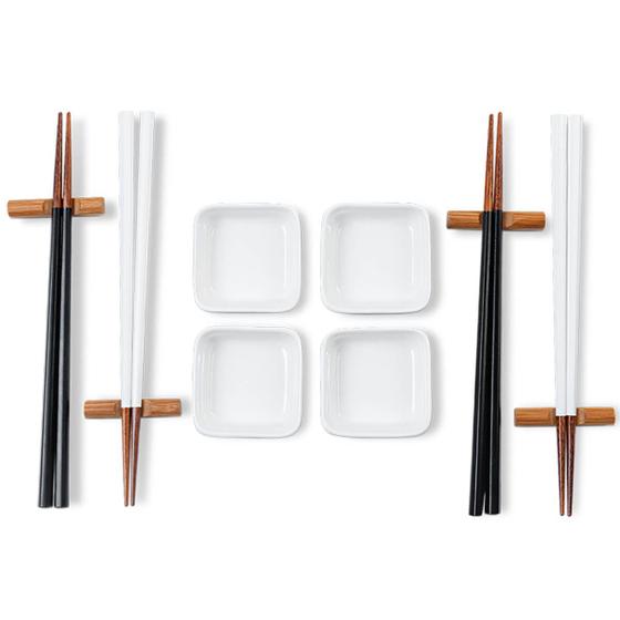 Imagem de Kit Sushi 4 Pessoas 12 Pçs Hashi Japonês Madeira Molheiras Cerâmica e Apoios de Hashi Nankin Haus