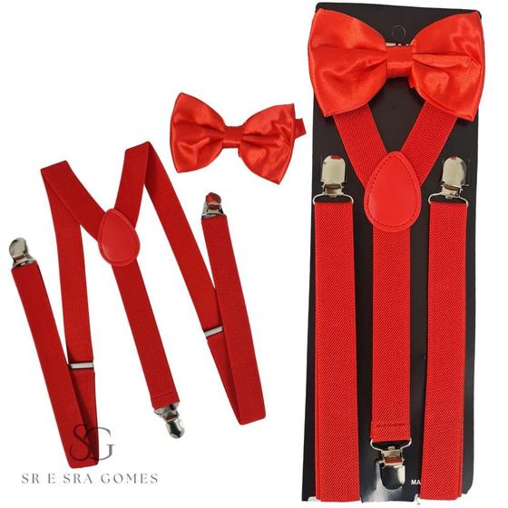 Imagem de Kit Suspensório Vermelho + Gravata Borboleta Adulto Para Padrinhos e Eventos