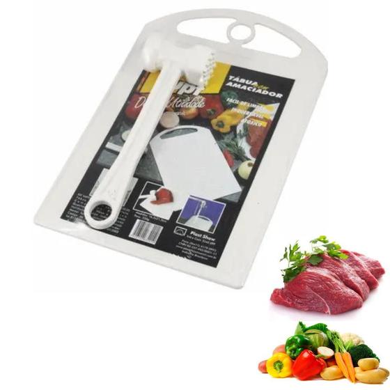 Imagem de Kit Tábua De Carne Com Martelo Amaciador Plástica Cozinha Multiuso 22x16cm