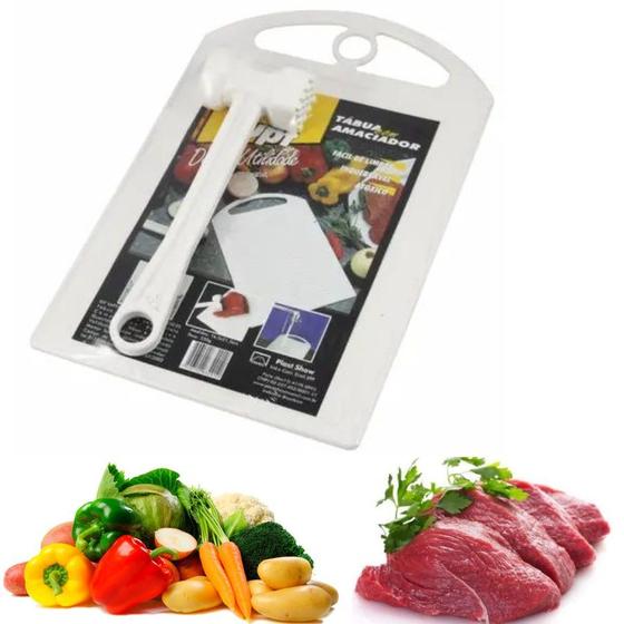 Imagem de Kit Tábua De Carne Com Martelo Amaciador Plástica Cozinha Multiuso 22x16cm